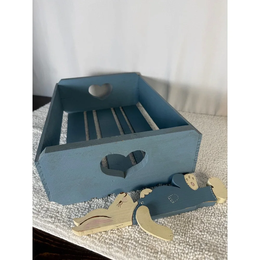 Blue Wooden Crate Heart Cutouts Bunny‎  Rustic Farmhouse Storage Organizer